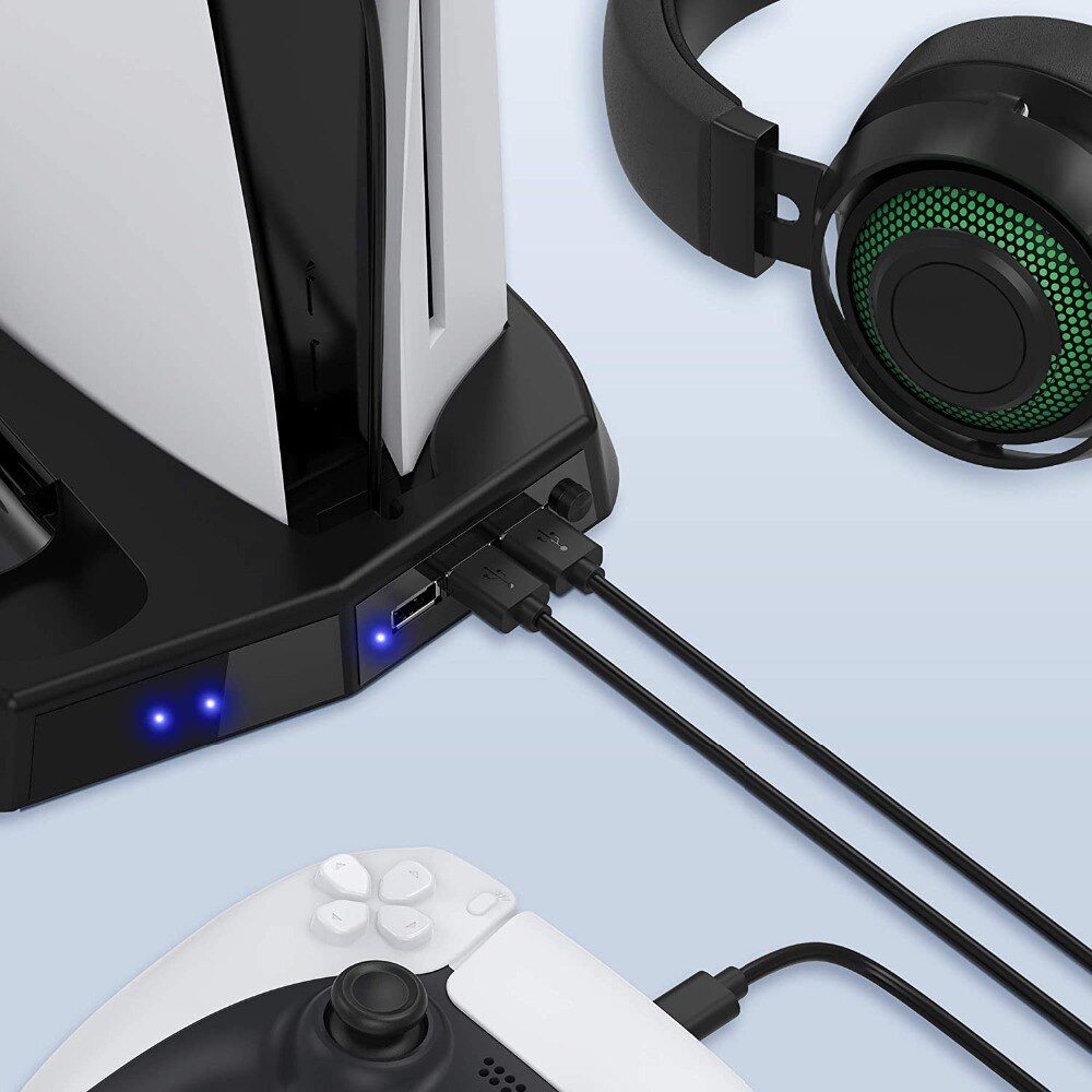 For PS5 Vertical Cooling Fan Stand Digital Edition with 14 Game Slot 3 Hub Port Dual Controller Charging Station Charger for PS5