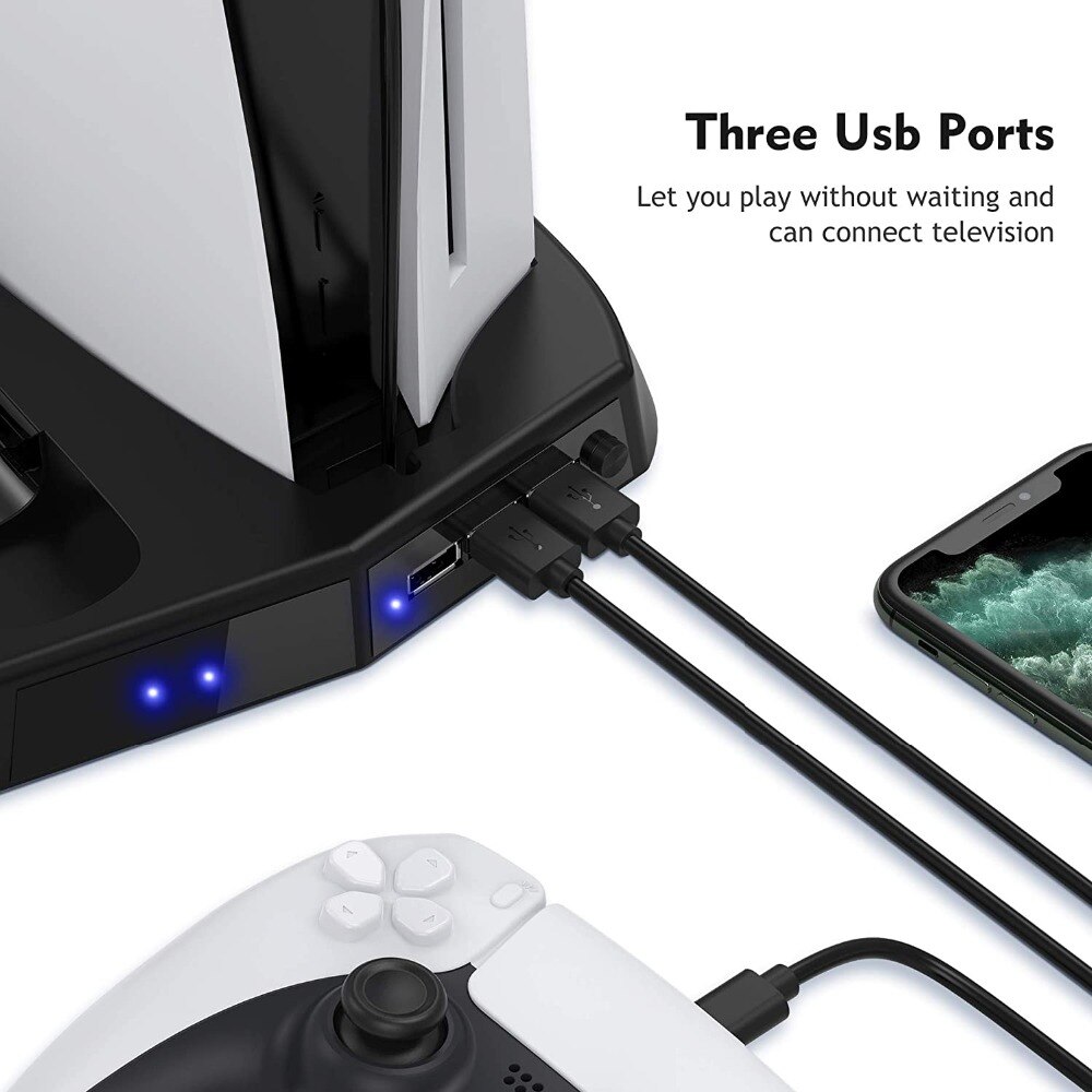 For PS5 Vertical Cooling Fan Stand Digital Edition with 14 Game Slot 3 Hub Port Dual Controller Charging Station Charger for PS5