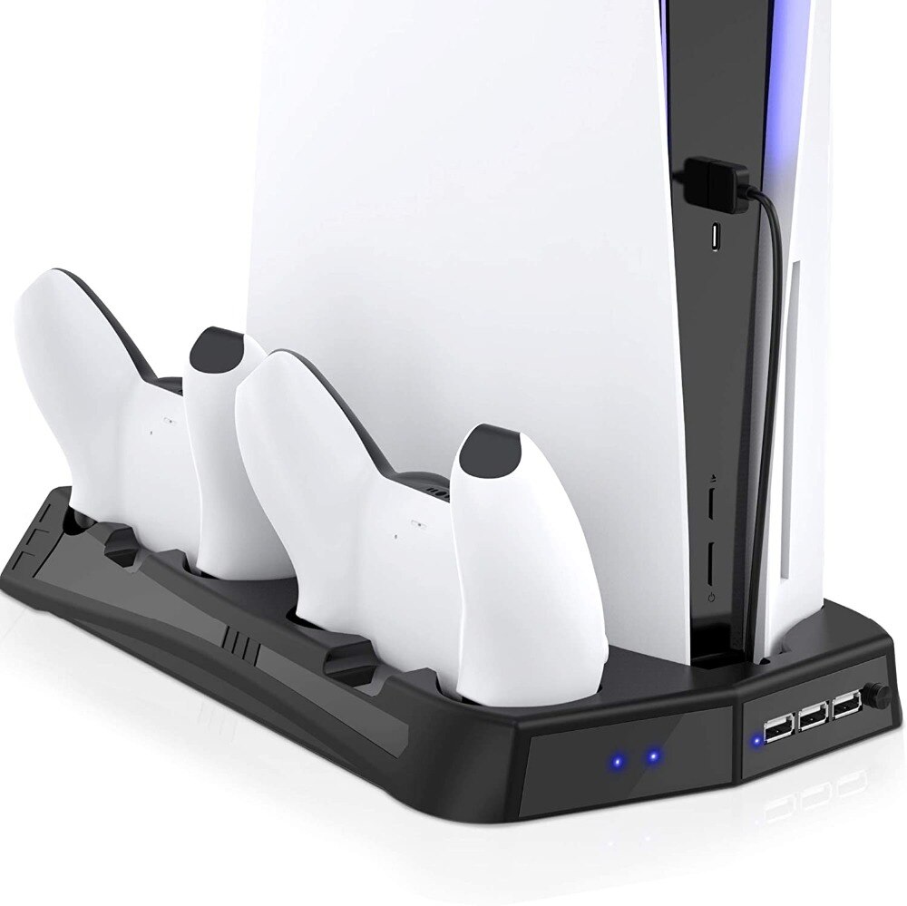 For PS5 Vertical Cooling Fan Stand Digital Edition with 14 Game Slot 3 Hub Port Dual Controller Charging Station Charger for PS5