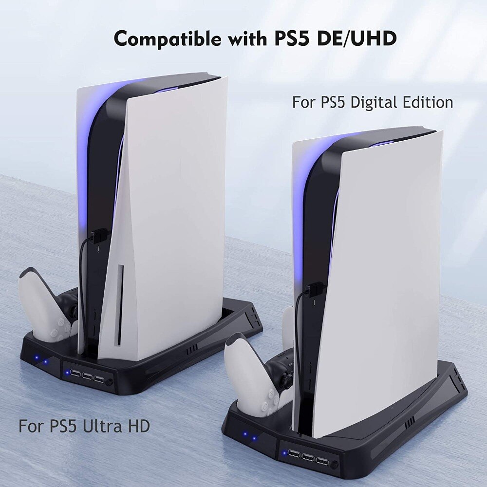 For PS5 Vertical Cooling Fan Stand Digital Edition with 14 Game Slot 3 Hub Port Dual Controller Charging Station Charger for PS5