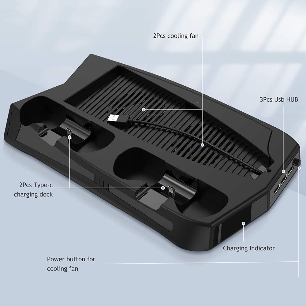 For PS5 Vertical Cooling Fan Stand Digital Edition with 14 Game Slot 3 Hub Port Dual Controller Charging Station Charger for PS5
